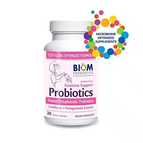 Biom Complete Feminine Balance Women's Daily Probiotics + Prebiotics with Organic Cranberry & Pomegranate with Lactobacillus crispatus, Gluten &, Dairy Free. Servings