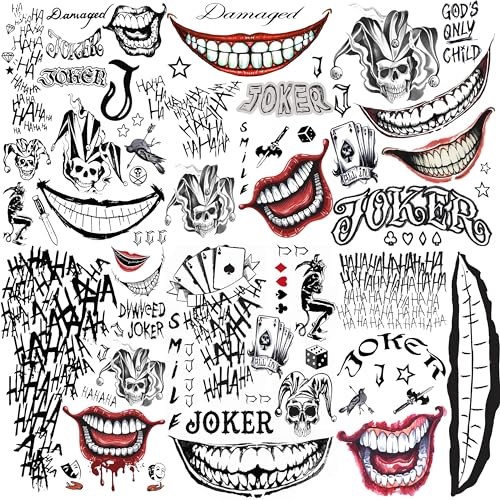 COKTAK Sheets Joker Temporary Tattoos For Men Women Kids Halloween Makeup Kit Cosplay Costume, D Halloween Face Tattoos Prison Prisoner Inmate Gothic Rapper, Fake Clown Joker Tattoos Stickers