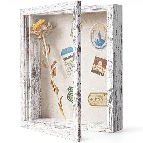 Califortree xShadow Box Frame with Linen Back   Real Glass, Push Pins Included, Sturdy Rustic Memory Display Case of Flower, Wedding, Tickets and D Item, Distressed White