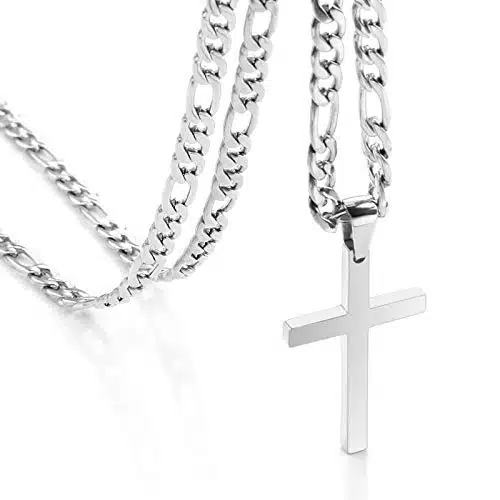 CaptainSteeL Cross Necklace for Men   Stainless Steel SilverGold Plain Cross Pendant Necklace Simple Jewelry Gifts, Inches Figaro Link Chain mm Width