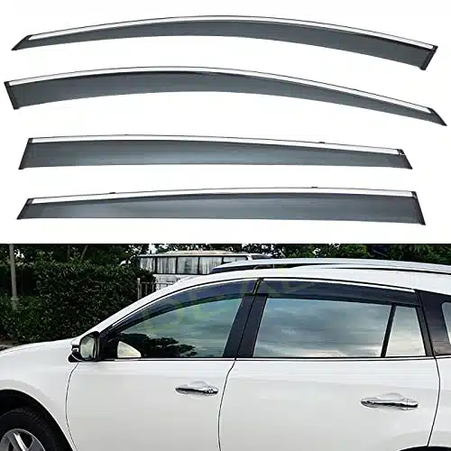 DEAL AUTO ELECTRIC PARTS Piece Set Outside Mount Tape OnClip On Type Smoke Tinted SunRain Guard Vent Window Visors With Chrome Trim Compatible With RavAll Models