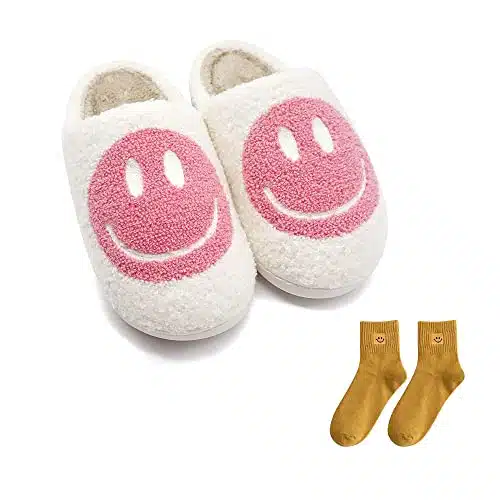 DepiYorSn Happy Face Slippers Retro Cozy Comfy Plush Warm Slip on Slippers Winter Soft Fuzzy Indoor House Shoes with Memory Foam for Men Women
