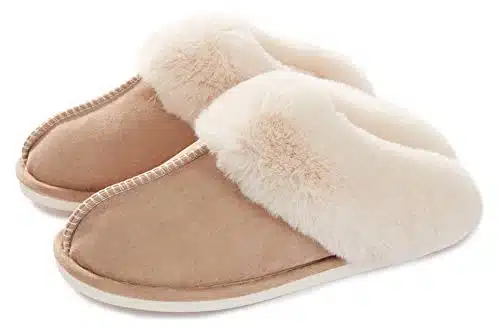 Donpapa Womens Slipper Memory Foam Fluffy Soft Warm Slip On House Slippers,Anti Skid Cozy Plush for Indoor Outdoor Tan