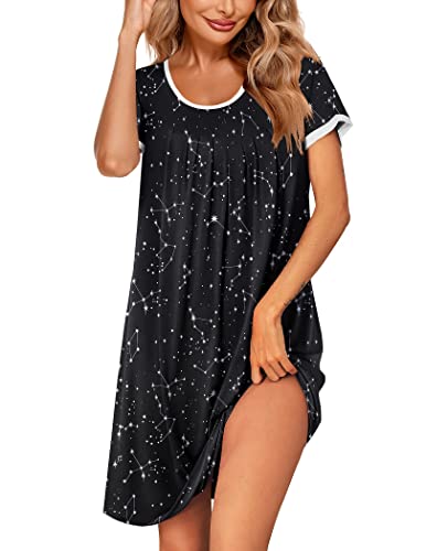Ekouaer Women Sleepwear Short Sleeve Nightgown Soft Sleepshirt Pleated Nightshirt Scoopneck Casual Loungewear Starry Sky Black XXL