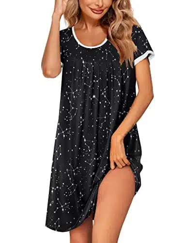 Ekouaer Women Sleepwear Short Sleeve Nightgown Soft Sleepshirt Pleated Nightshirt Scoopneck Casual Loungewear Starry Sky Black XXL
