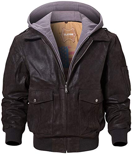 FLAVOR Men's Leather Flight Bomber Jacket Air Force Aviator (X Large, Dark Brown Hood)