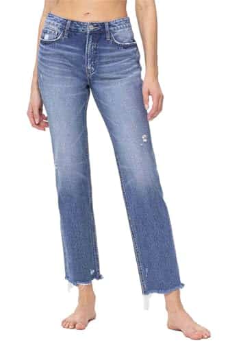 Flying Monkey Women's High Rise Rigid Straight Leg Jeans with Raw Hems in Famous (, Famous)