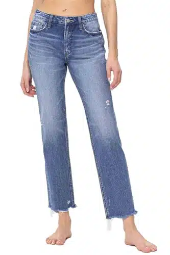 Flying Monkey Women's High Rise Rigid Straight Leg Jeans with Raw Hems in Famous (, Famous)