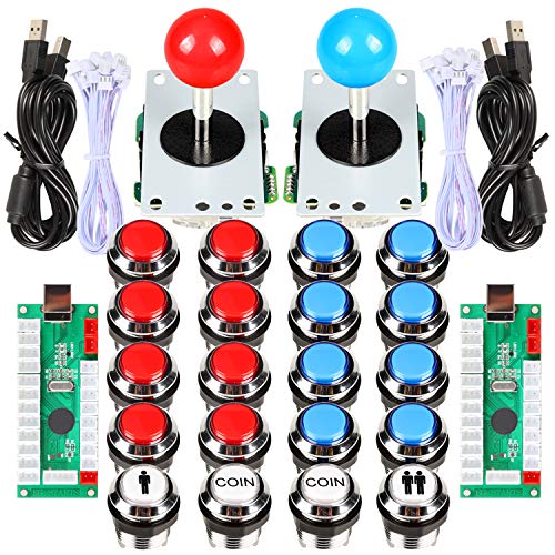 Fosiya Player Arcade Joystick LED Chrome Buttons for PC Arcade Gamepads & Standard Controllers DIY Games MAME Kit (Chrome Red & Blue Buttons)
