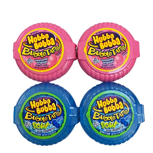 Hubba Bubba Original Bubble Tape and Sour Blue Raspberry Bundle  Feet of Gum Each Flavor Pack Total Ounce (Pack )