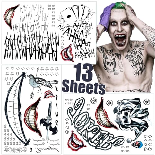 Joker Tattoos Sheets,Halloween Temporary Tattoos for Men,Suicide Squad Fake Tattoo Stickers For Adults,Clown Costume Masquerade Cosplay Party Accessories Face Makeup,Large Size Waterproof