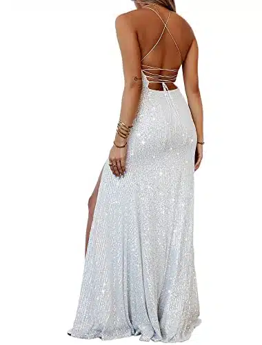 Just Quella Women's Maxi Dress Sequin Strappy Backless Evening Party Dress with Slit (,US)