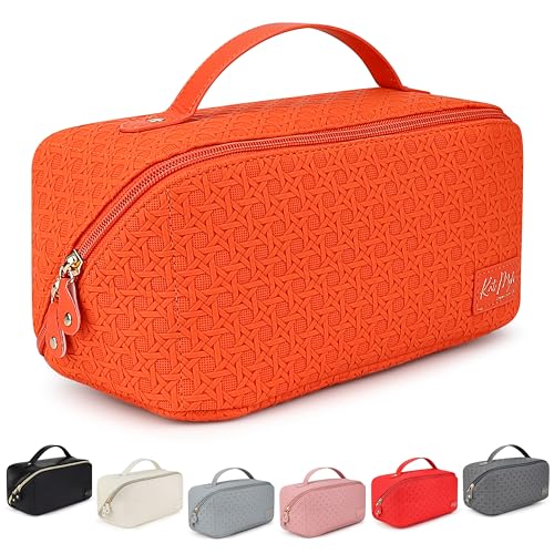 Kat Myhr Large Capacity Travel Cosmetic Bag with handle and divider   Waterproof Travel Makeup Bag Organizer   Cosmetic Travel Make Up Bag for Women   Cute Makeup Bag for Women   (Orange)