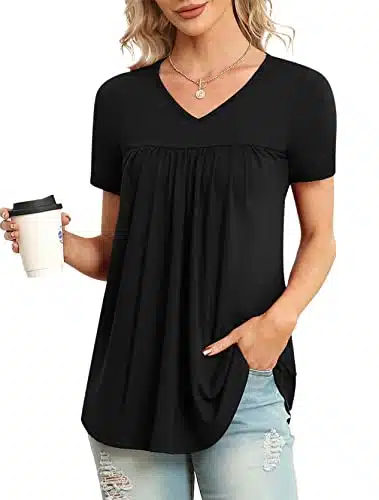 LAOLASI Women's Summer V Neck Short Sleeve Casual Soft Tops Skin Friendly Shirt Loose Flowy Tunic Blouse,Black,L