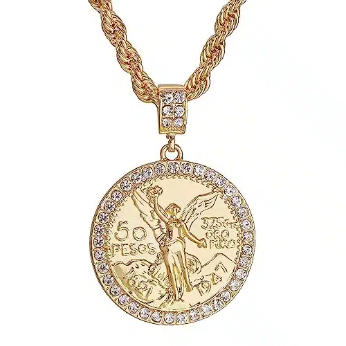 LJK Hip Hop k Gold Plated Iced Centenario Pesos Pendant Rope Chain Bling Necklace For Boy's Men Women (Iced Out Centenerio)
