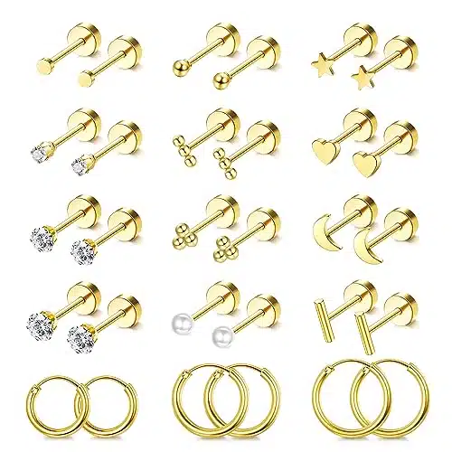 LOLIAS Small Hypoallergenic Flat Back Stud Earrings for Women Men K Gold Plated Surgical Stainless Steel Earring Sets Tiny Screw Back Cartilage Earring (Gold)