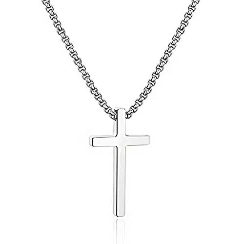M MOOHAM Stainless Steel Cross Pendant Necklaces for Men Pendant Chain Inch Silver, Confirmation Religious Christian Baptism Gifts for Women Men Teenage Jewelry