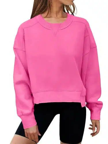 MEROKEETY Sweatshirt for Women Long Sleeve Crew Neck Solid Color YK Activewear Cropped Casual Tops, Rose, S