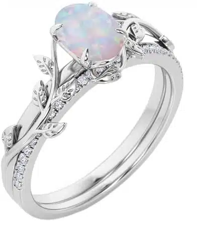 MOTIEL Genuine Opal Engagement Ring for Women,ct Leaf Oval Opal Ring Set in Sterling Silver with Cubic Zirconia Wedding Valentine's Day Dainty Promise Ring For Her