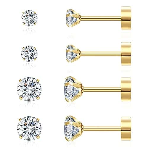 Pairs Flat Back Earrings for Women Multipack  K Gold Earrings  Helix Earrings  Cartilage Earring  Nickel Free Hypoallergenic Earrings  Cubic Zirconia Earrings Studs(mm+mm, Gold)