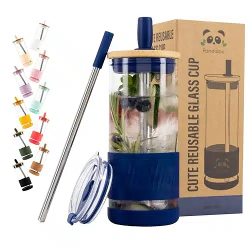 Pandaloo Glass Cups With Lids and Straws  Fl Oz  Perfect Size Iced Coffee Cup   Smoothie Cup With Bamboo Lid and On the go Lid   Glass Tumbler With Straw (Count (Pack of ), Galactic Blue)