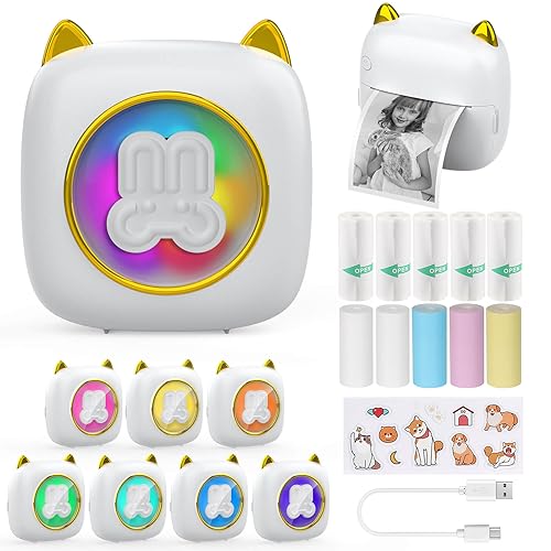 QYCHHJ Inkless Mini Printer, LED Lights Mini Pocket Printer with Rolls Thermal Paper for iOS&Android, Portable Label Receipt Sticker Printer for Journal Memo Photo