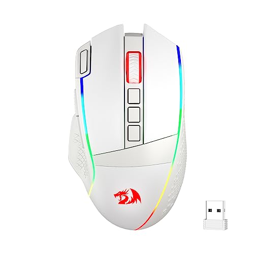 Redragon Wireless Gaming Mouse, DPI WiredWireless Gamer Mouse wRapid Fire Key, acro Buttons, Hour Durable Power Capacity and RGB Backlight for PCMacLaptop, White