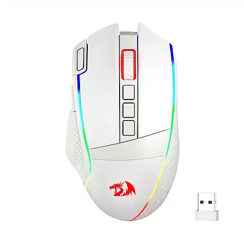 Redragon Wireless Gaming Mouse, DPI WiredWireless Gamer Mouse wRapid Fire Key, acro Buttons, Hour Durable Power Capacity and RGB Backlight for PCMacLaptop, White