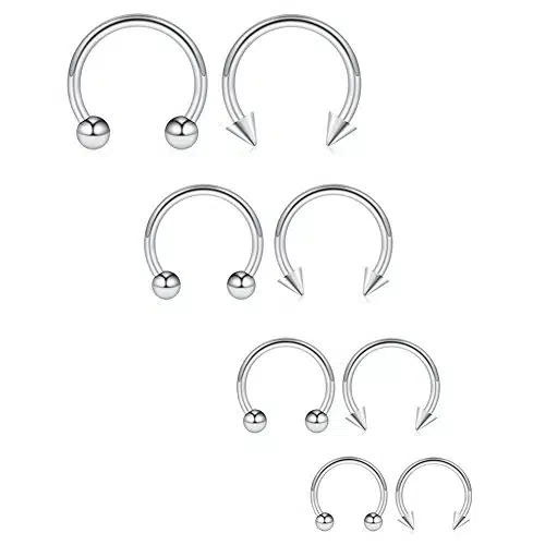 Ruifan PCS Surgical Steel CBR Nose Septum Horseshoe Earring Eyebrow Tongue Lip Piercing Ring with Balls & Spikes G mm   Silver