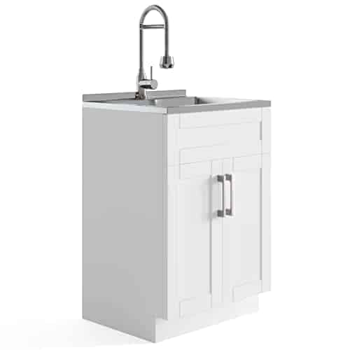 SIMPLIHOME Hennessy Contemporary Inch Deluxe Laundry Cabinet with Faucet and Stainless Steel Sink in Pure White, For the Laundry Room and Utility Room