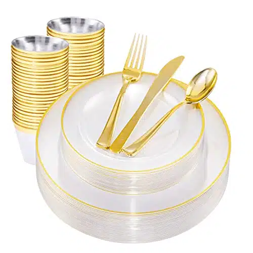 SUT PCS Gold Plastic Plates, Disposable Clear Gold Dinnerware Set with Cups, Includes Dinner Plates, Dessert Plates, Cutlery, Cups, Prefect for Party, Wedding & Shower