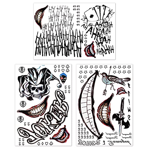 Sheets Joker Tattoos, Realistic & Last Long Halloween Fake Temporary Tattoo Sticker for Men   All Versions   Perfect for Halloween Cosplay Costumes Masquerade Party Makeup Accessories
