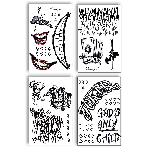 Sheets Joker Tattoos(x), Halloween Temporary Tattoos for Men, Suicide Squad Fake Tattoo Stickers For Adults Halloween Cosplay Costumes Masquerade Party Makeup Accessories (normal)