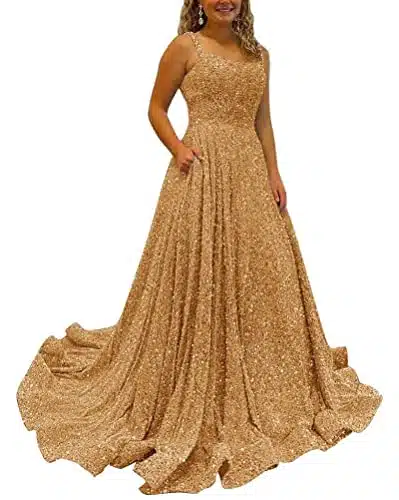 Sparkly Sequins A Line Prom Dresses Long Spaghetti Straps Plus Size Party Dresses Backless Formal Evening Ball Gowns for Women with Pockets Gold