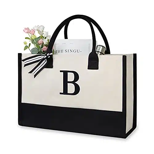 TOPDesign Embroidery Initial Canvas Tote Bag, Personalized Present Bag, Suitable for Wedding, Birthday, Beach, Holiday, is a Great Gift for Women, Mom, Teachers, Friends, Bridesmaids (Letter B)
