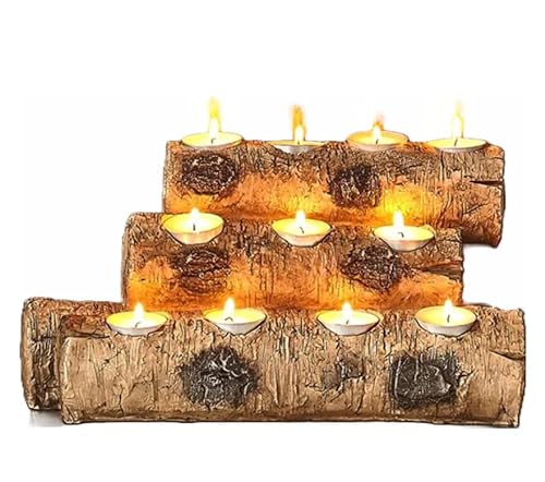 The Lakeside Collection Rustic Stacked Faux Birch Wood Log with Tea Light Candle Holder, Realistic great for indoor or outdoor fireplace