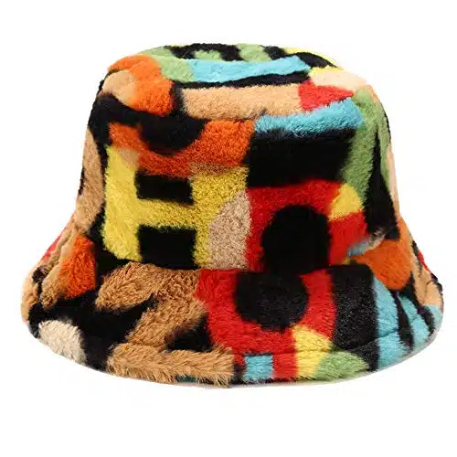 Umeepar Winter Faux Fur Bucket Hat Fluffy Warm Hat for Women Men (Colorful Numbers &Letters)