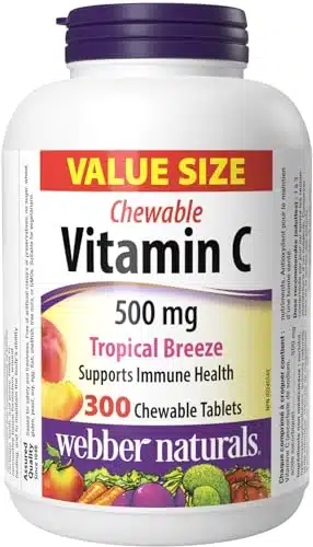 Webber Naturals Vitamin C, Chewable Tropical Breeze Flavor Tablets, mg of Vitamin C Per Tablet, Bones, Teeth, Immune and Antioxidant Support, Non GMO, Dairy & Gluten Free
