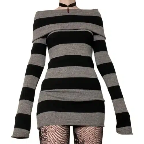 Women Striped Bodycon Sweater Dress Off Shoulder Long Sleeve Mini Dresses Wrapped Hip Pullover Aesthetic Streetwear (Black, S)