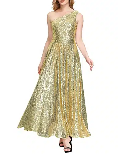 Womens One Shoulder Sequin Maxi Long Evening Prom Dress Gold