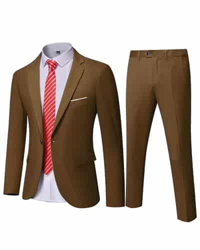 YND Men's Slim Fit Piece Suit, One Button Jacket Pants Set with Tie, Solid Party Wedding Dress Blazer, Tux Trousers, Khaki