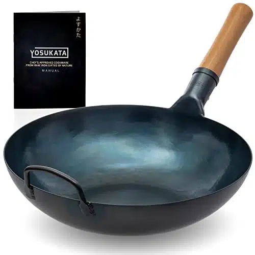 YOSUKATA Flat Bottom Wok Pan   Blue Carbon Steel Wok   Preseasoned Carbon Steel Skillet   Traditional Japanese Cookware for Electric Induction Cooktops Woks and Stir Fry Pans