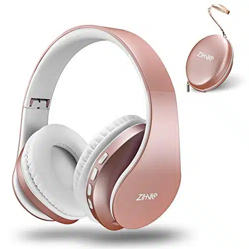 ZIHNIC Bluetooth Headphones Over Ear, Foldable Wireless and Wired Stereo Headset Micro SDTF, FM for Cell Phone,PC,Soft Earmuffs &Light Weight for Prolonged Wearing(Rose Gold)