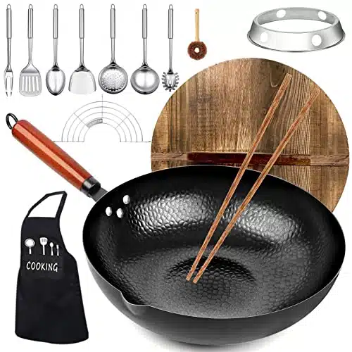 kaqinu Carbon Steel Wok Pan, Piece Woks & Stir Fry Pans Set with Wooden Lid Cookwares, No Chemical Coated Flat Bottom Chinese Pan for Induction, Electric, Gas, Halogen All Stoves   ''