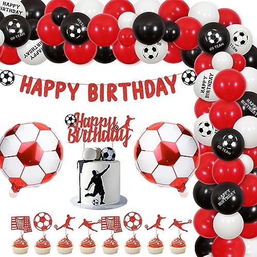 kreatjoy Soccer Birthday Party Decorations, Soccer Theme Party Decoration Red Black Balloon Garland Kit Happy Birthday Banner Cake Cupcake Topper Red Soccer Foil Balloon for Boys Girls Adults