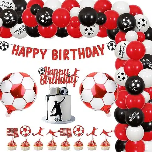kreatjoy Soccer Birthday Party Decorations, Soccer Theme Party Decoration Red Black Balloon Garland Kit Happy Birthday Banner Cake Cupcake Topper Red Soccer Foil Balloon for Boys Girls Adults