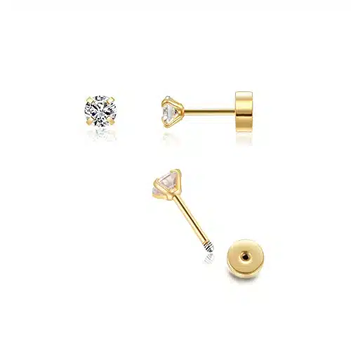 mm Tiny CZ Screw on Flat Back Stud Earrings,K Gold Flat Back Cubic Zirconia Earrings for Helix Cartilage Tragus Earlobe Piercing Jewelry Gift for Women Girls Toddlers(mm CZ, Gold)