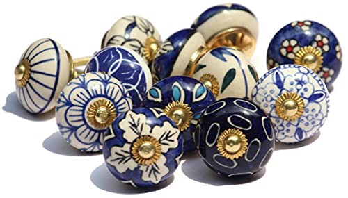 owlKraft Vintage Set of Blue Blessing Ceramic Glazed knobs   Drawer knobs   Cabinet pulls   Door knobs Handle Knobs (Style )