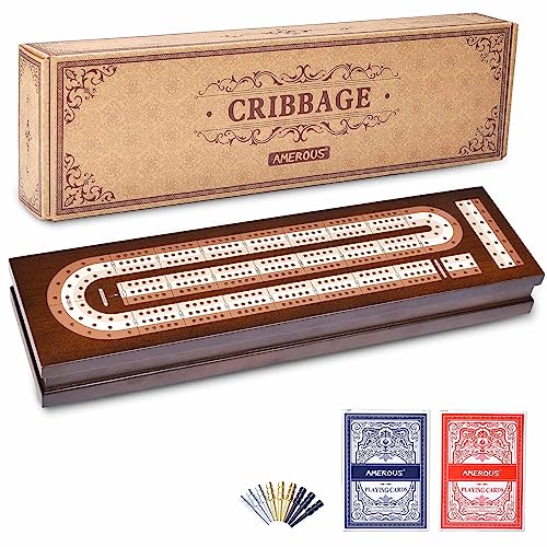 AMEROUS Wooden Cribbage Board Game Set with Magnetic Lock   Metal Pegs   Playing Cards   Continuous Track Board   Larger Storage Area, Travel Portable Cribbage Game Sets for F