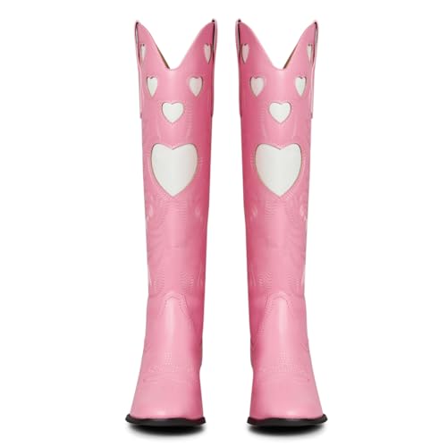 AOSPHIRAYLIAN Pink Cowgirl Boots For Women Cute Heart Shape Cowboy Boots Fashion Womens Western Boots Pointed Toe Ladies Shoes Pull On Comfy Chunky Knee High Boots